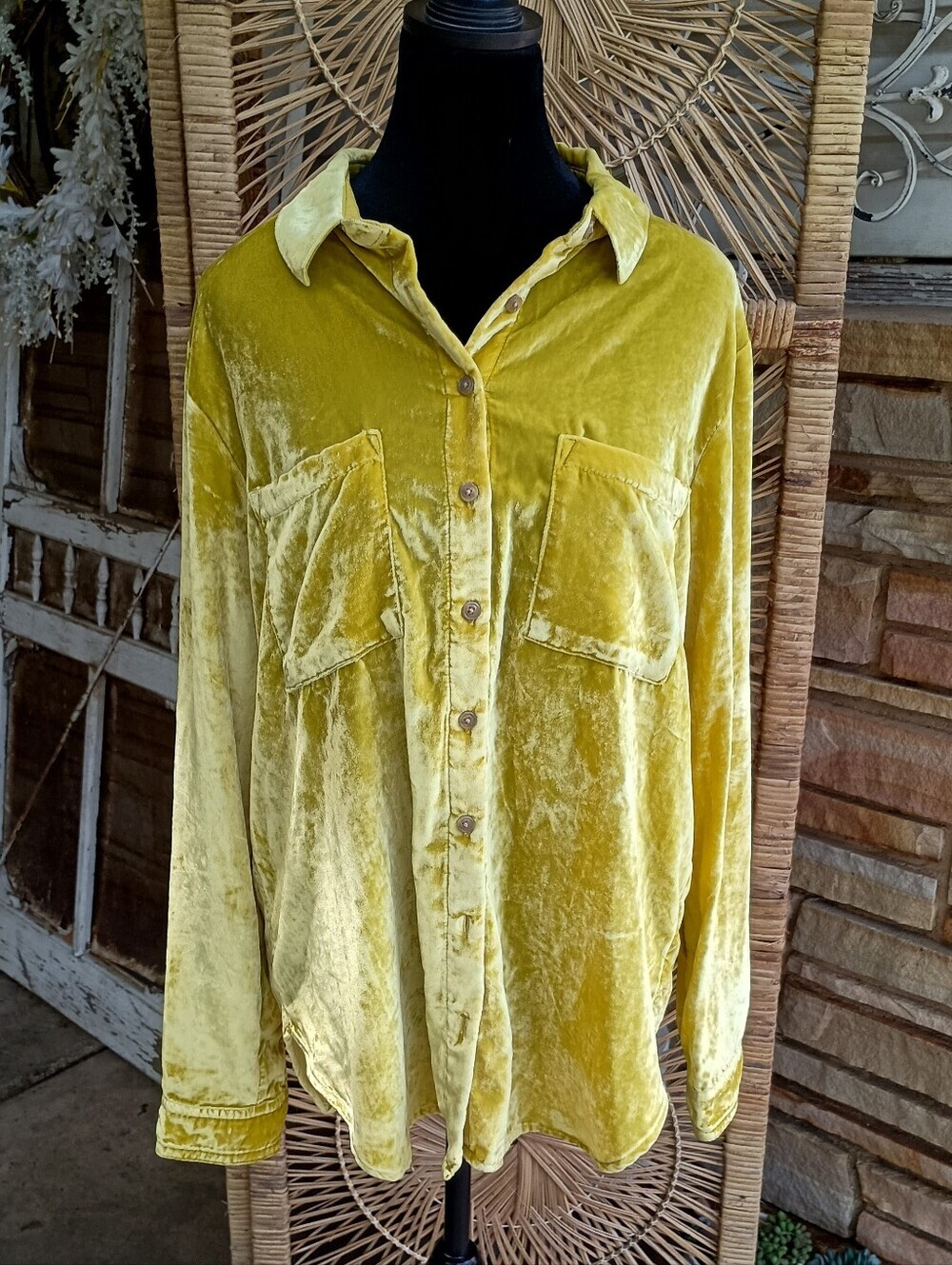 Pilcro Anthropologie Velvet Button Down Shirt in Mustard Yellow_12 - Picture 2 of 8